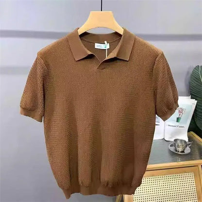 Ice Silk Slim Fit Short Sleeve V-Neck Polo Shirt Men's Knitted Summer New Style Breathable Machine Washable Casual T-Shirt