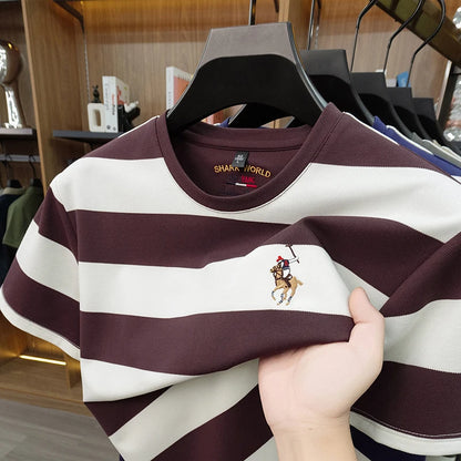 Striped Round Neck Short Sleeved T-shirt for Men's Summer Casual Loose Breathable Top Embroidered Men's Base T-shirt