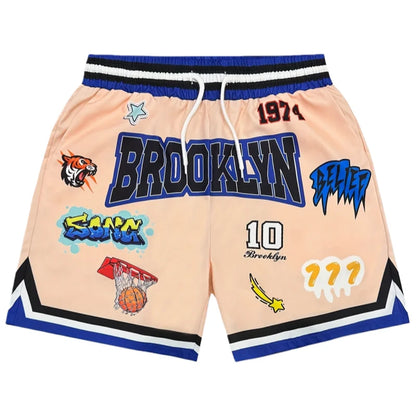 Brooklyn  Basketball  Shorts, Graffiti Patches Retro Beige Casual Streetwear Athletic Bottoms Men's casual quick-drying shorts