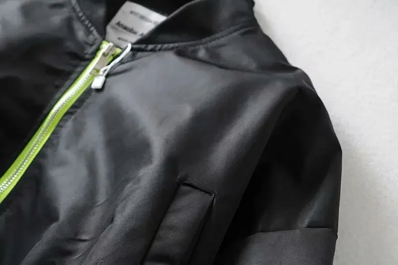High Waisted Cropped Flight Jacket Women Spring Autumn Long Sleeved Folds Zipper Outerwear Casual Loose-fit Bomber Jackets Coat