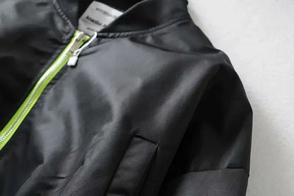 High Waisted Cropped Flight Jacket Women Spring Autumn Long Sleeved Folds Zipper Outerwear Casual Loose-fit Bomber Jackets Coat