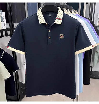 Luxury brand B letter embossed short sleeve polo shirt men summer lightweight breathable new fashion color blocked lapel T-shirt