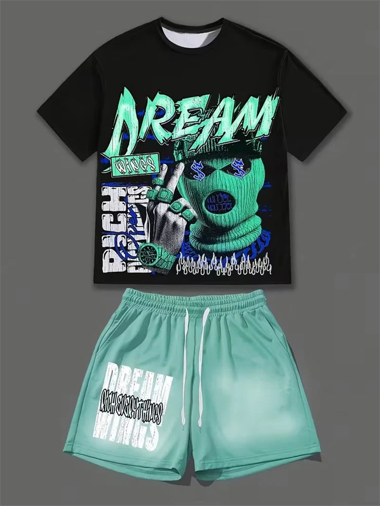Spring And Summer American Trend 3D Printed Skull Men's Round-neck Top And Shorts, Hip-hop Style Trendy And Cool 2pcs Set