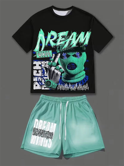 Spring And Summer American Trend 3D Printed Skull Men's Round-neck Top And Shorts, Hip-hop Style Trendy And Cool 2pcs Set