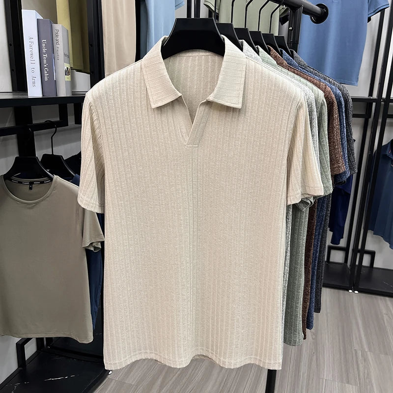 Men's Breathable Knitted Polo Tee Short Sleeve V Neck Striped Fabric Lightweight Casual Business Daily Wear