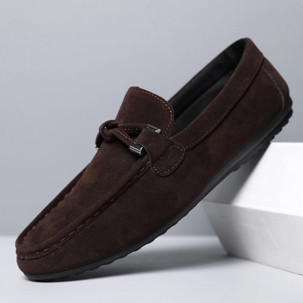2026 Summer Casual Fashion Driving Loafers Suede Leather Minimalist Slip-Ons Comfortable Trendy Work Shoes Black & Khaki Two-Ton