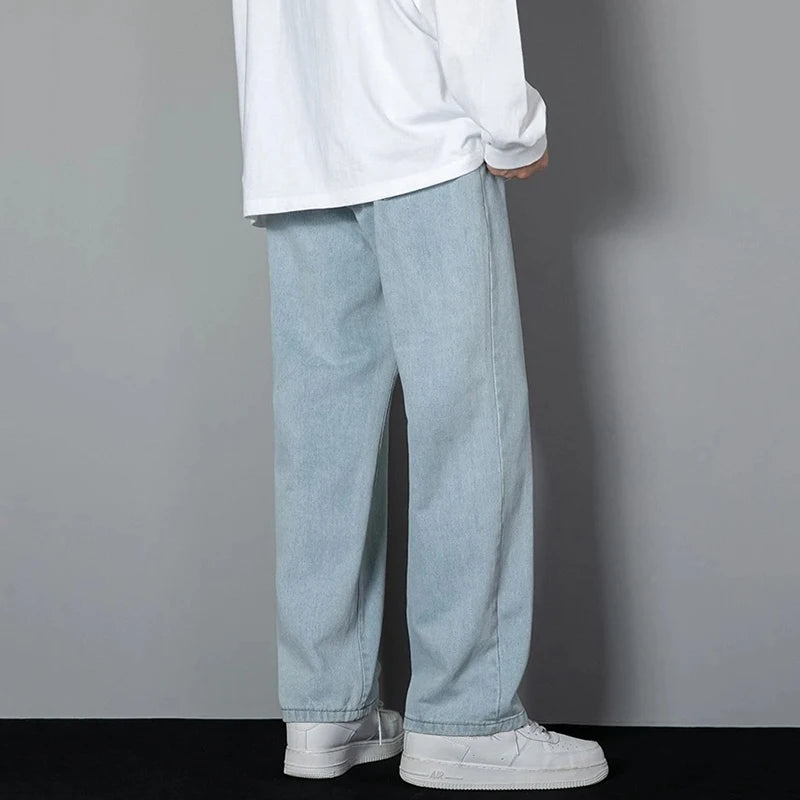 Men Simple Straight Leg Casual Jeans Male Baggy Korean Streetwear Denim Pants Basic Youth Popular Daily Wide Leg Denim Trousers