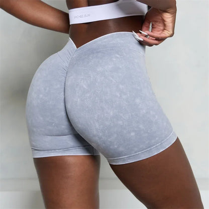 Women Bum Acid Wash Low V-BACK Scrunch Butt Shorts Women Seamless Sports Shorts Women V-shaped Hip Gym Cycling Elastic Tights