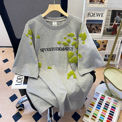 Short-sleeved T-shirts Women's Summer 2025 New Embroidered Flower Medium Long Loose All Match Niche Crew Neck Top