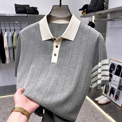 High End Light Luxury Color Blocked Knitted Summer Men's Short Sleeved Polo Shirt, Thin Grain Design, Casual T-shirt