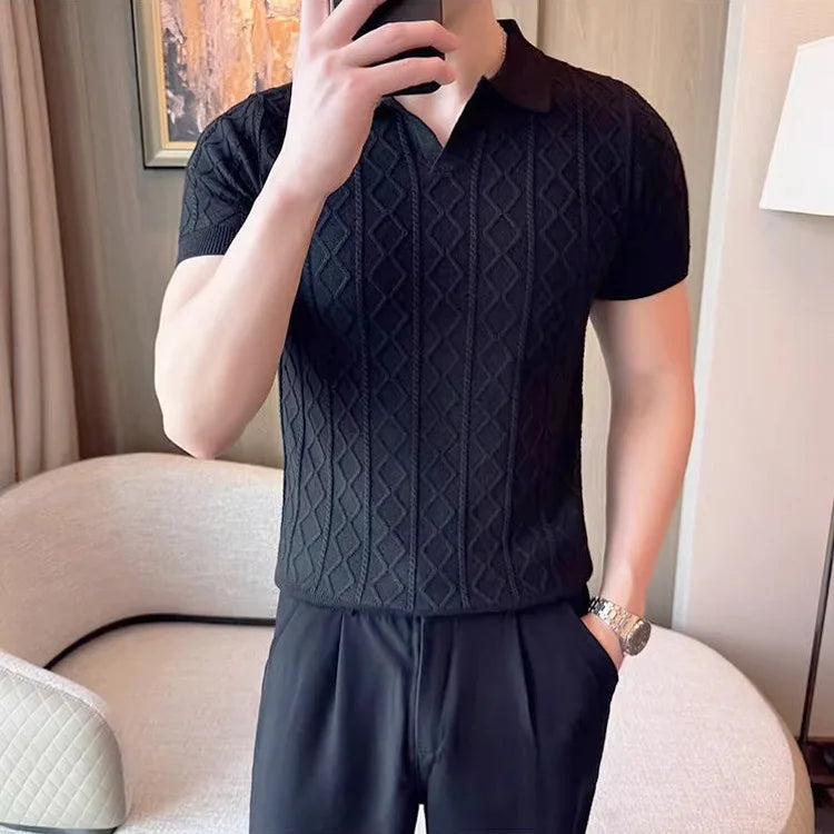 Polo Style Sweaters for Men Summer New Slim Fit Short Sleeve Business Casual T-shirts Male Solid Turn Down Collar Knitwear Tops