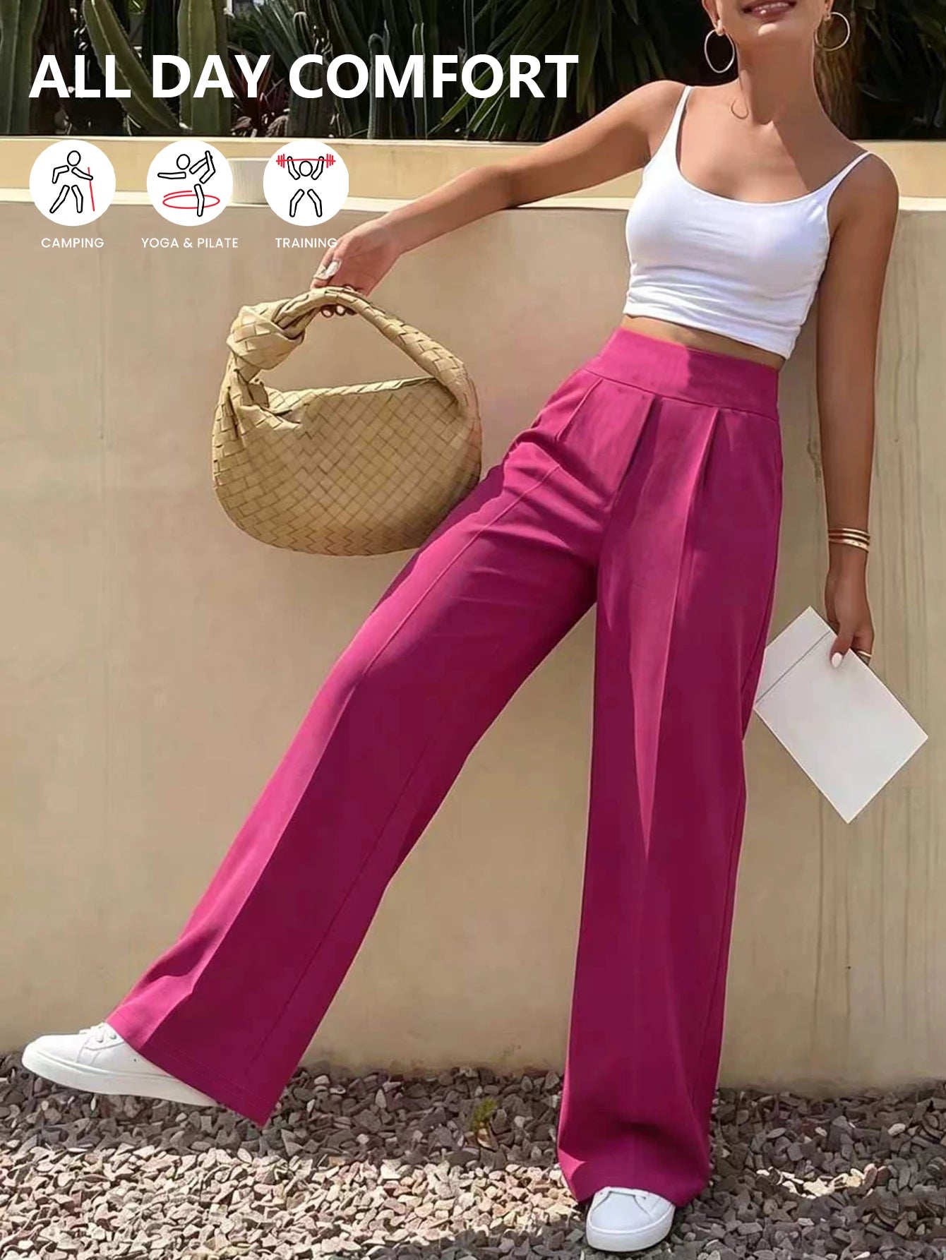 Women Loose Wide Leg Pants Straight Leg Minimalist Casual Rose Red Suit Commuter Long Pants Side Stripe Design Slimming Cargo Pa