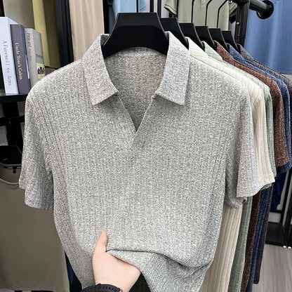 Men's Breathable Knitted Polo Tee Short Sleeve V Neck Striped Fabric Lightweight Casual Business Daily Wear