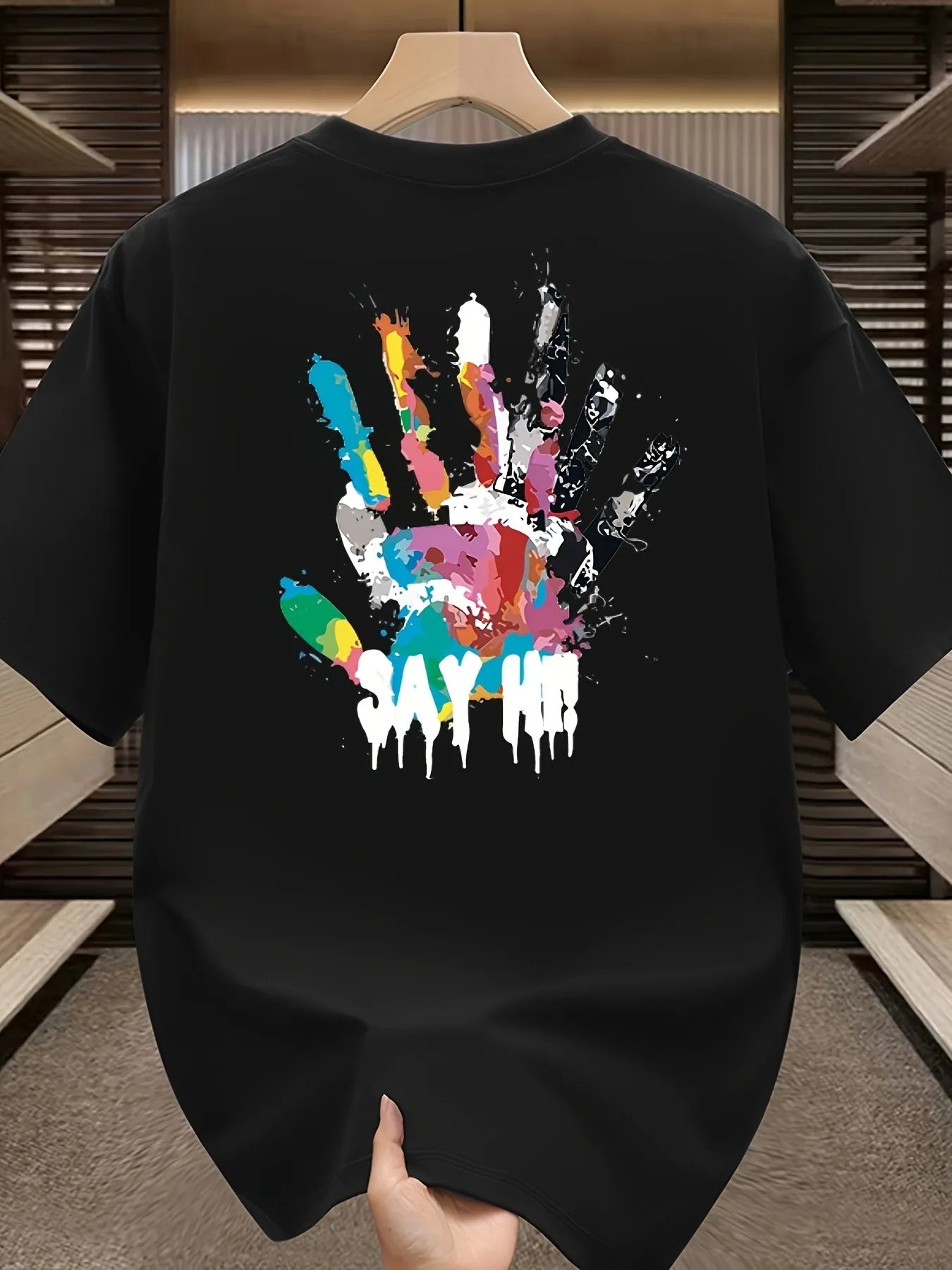 Summer New Trendy Brand Graffiti Handprint Print Heavyweight 100%Cotton T-shirt Men Casual Versatile Suitable Occasions Relaxed