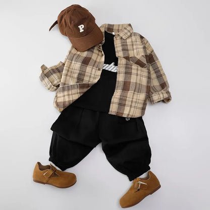 1PCS Autumn Blouses & Shirts New Spring Boy Shirt Plaid Long-sleeved Children's Fashion Tops Boys Handsome Spring Jacket Shirt