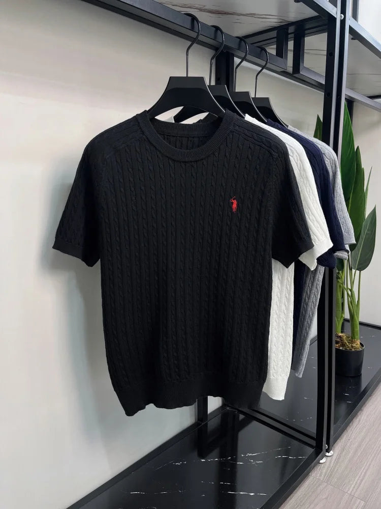 Advanced Ice Silk Knitted Short Sleeve Men Summer Trendy Luxury Brand Golf Pony Embroidery Casual Round Neck Breathable T-shirt
