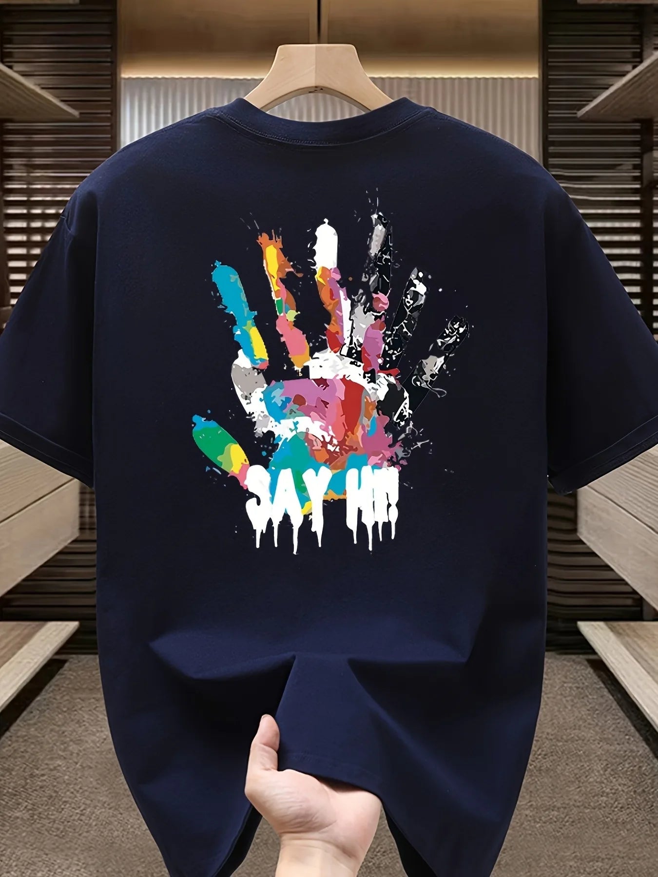 Summer New Trendy Brand Graffiti Handprint Print Heavyweight 100%Cotton T-shirt Men Casual Versatile Suitable Occasions Relaxed