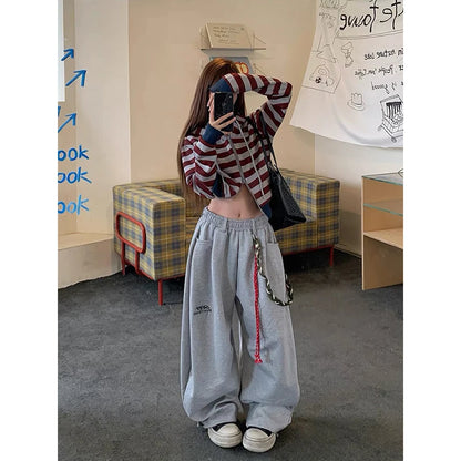 YIBASHU American Retro Gray Sports Pants Women's Autumn Winter High Street Loose Jazz Dance Wide Leg Pants Casual Pants Trend