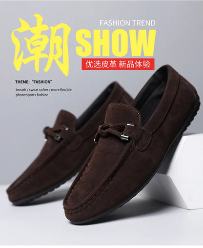 2026 Summer Casual Fashion Driving Loafers Suede Leather Minimalist Slip-Ons Comfortable Trendy Work Shoes Black & Khaki Two-Ton