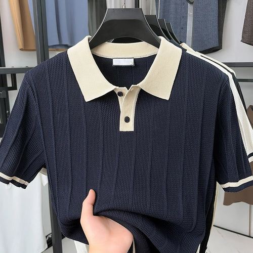 Summer Lightweight Men's Polo Shirt, Middle-aged Jacquard Color-block Breathable Wrinkle-free Casual Knitted Top