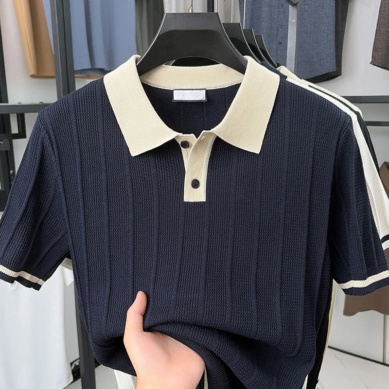 Summer Lightweight Men's Polo Shirt, Middle-aged Jacquard Color-block Breathable Wrinkle-free Casual Knitted Top