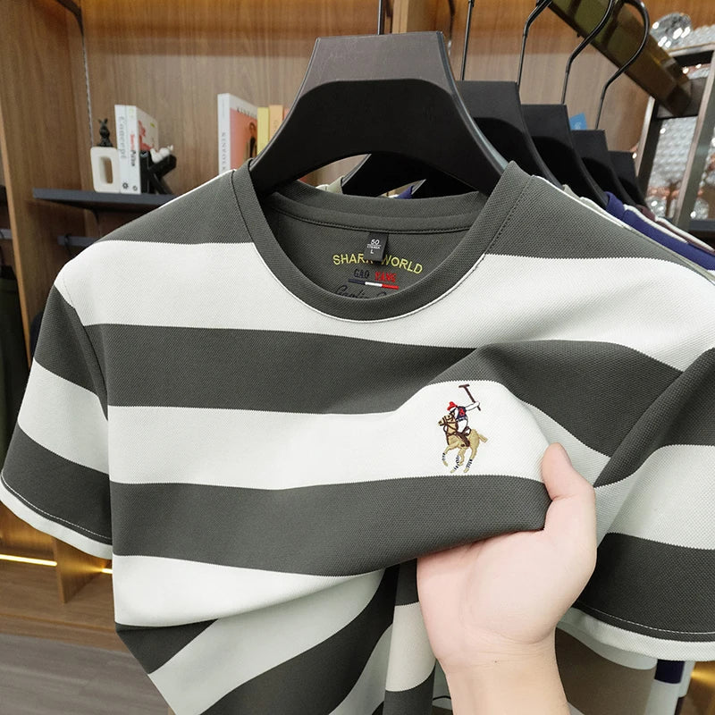 Striped Round Neck Short Sleeved T-shirt for Men's Summer Casual Loose Breathable Top Embroidered Men's Base T-shirt