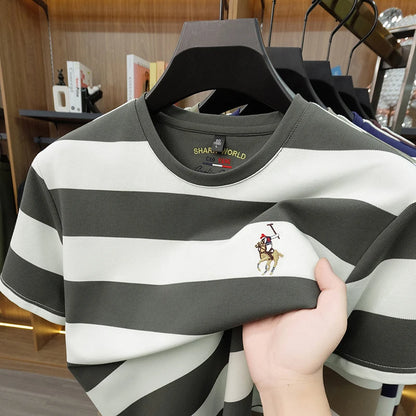 Striped Round Neck Short Sleeved T-shirt for Men's Summer Casual Loose Breathable Top Embroidered Men's Base T-shirt