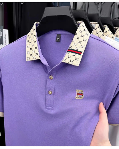 Luxury brand B letter embossed short sleeve polo shirt men summer lightweight breathable new fashion color blocked lapel T-shirt