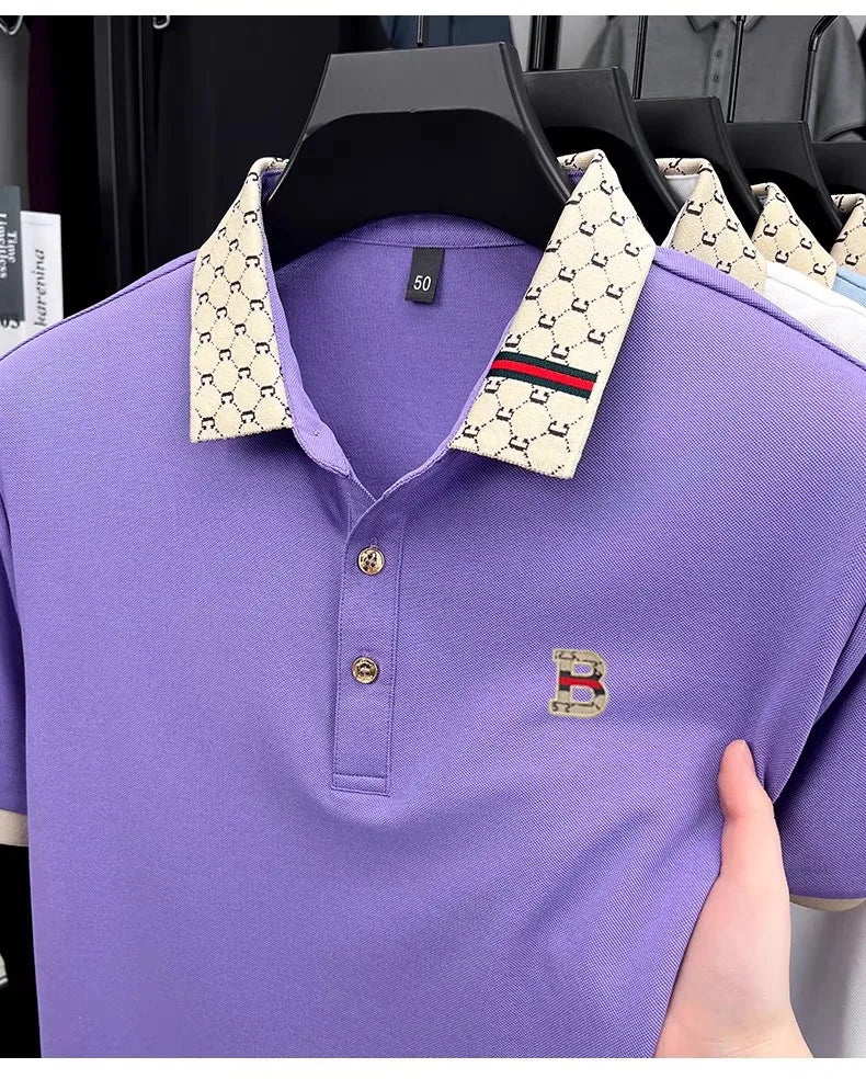 Luxury brand B letter embossed short sleeve polo shirt men summer lightweight breathable new fashion color blocked lapel T-shirt