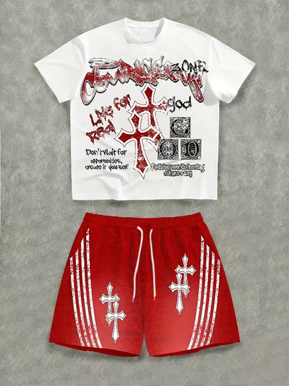 Spring And Summer American Trend 3D Printed Skull Men's Round-neck Top And Shorts, Hip-hop Style Trendy And Cool 2pcs Set