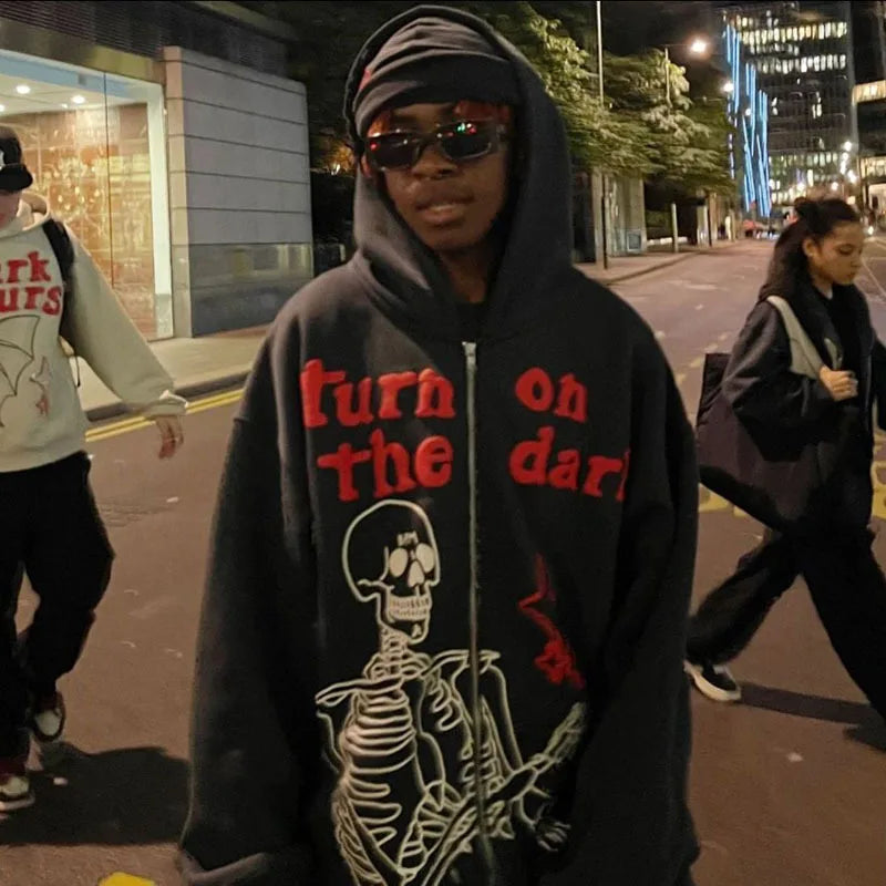 Skeleton Pattern Rhinestone Zipper Hoodies Men Women Hip Hop Street Hoodie Retro Punk Gothic Autumn Oversize Sweatshirt Jacket