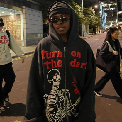 Skeleton Pattern Rhinestone Zipper Hoodies Men Women Hip Hop Street Hoodie Retro Punk Gothic Autumn Oversize Sweatshirt Jacket