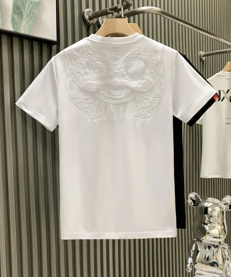 Male Tees Shirts Skinny Embroidery Lion New In Party Y2k Original Tops Hot Basic Korean Popular Clothes Cool Cheap Men's T-shirt