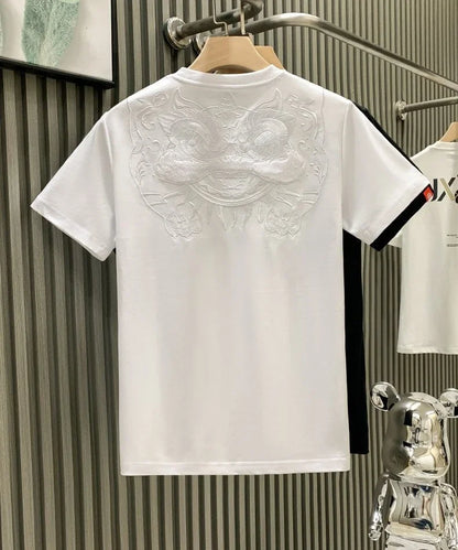 Male Tees Shirts Skinny Embroidery Lion New In Party Y2k Original Tops Hot Basic Korean Popular Clothes Cool Cheap Men's T-shirt