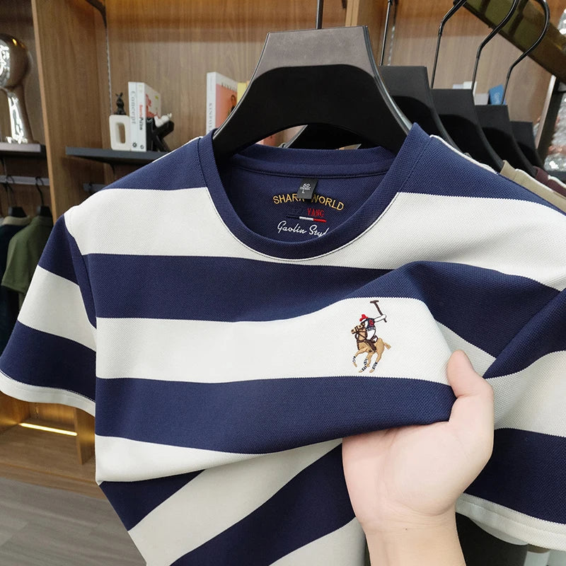 Striped Round Neck Short Sleeved T-shirt for Men's Summer Casual Loose Breathable Top Embroidered Men's Base T-shirt