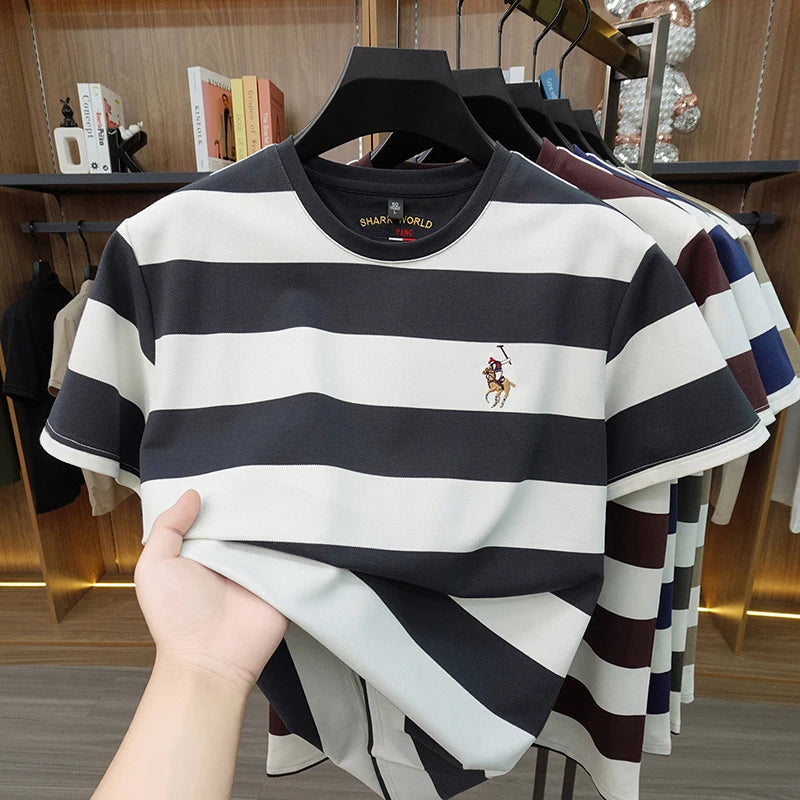 Striped Round Neck Short Sleeved T-shirt for Men's Summer Casual Loose Breathable Top Embroidered Men's Base T-shirt