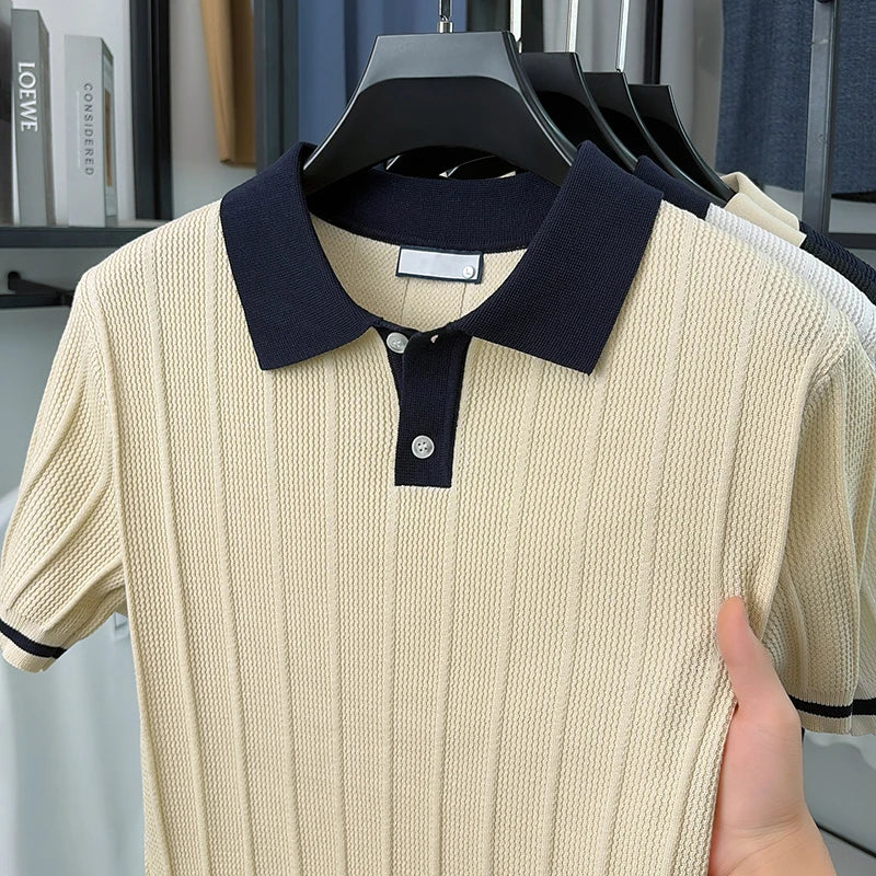 Summer Lightweight Men's Polo Shirt, Middle-aged Jacquard Color-block Breathable Wrinkle-free Casual Knitted Top