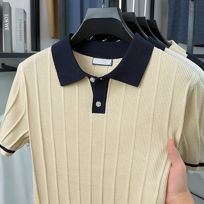 Summer Lightweight Men's Polo Shirt, Middle-aged Jacquard Color-block Breathable Wrinkle-free Casual Knitted Top