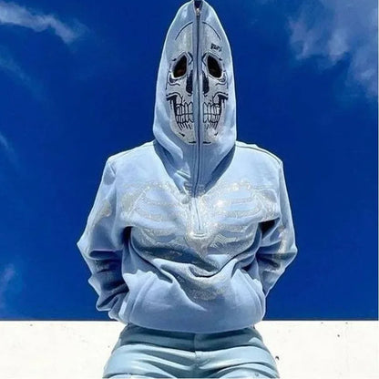 Skeleton Pattern Rhinestone Zipper Hoodies Men Women Hip Hop Street Hoodie Retro Punk Gothic Autumn Oversize Sweatshirt Jacket