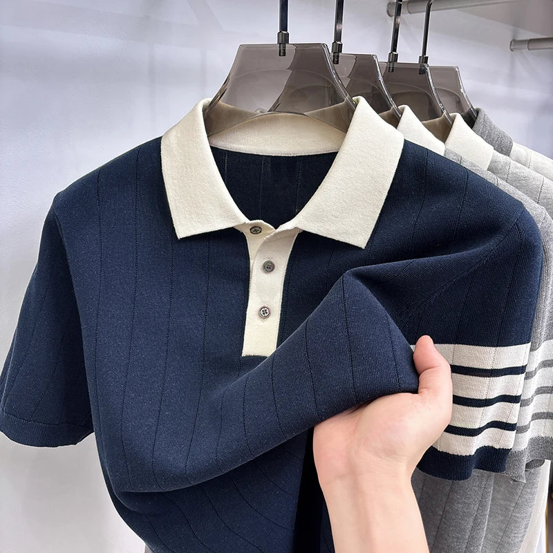 High End Light Luxury Color Blocked Knitted Summer Men's Short Sleeved Polo Shirt, Thin Grain Design, Casual T-shirt