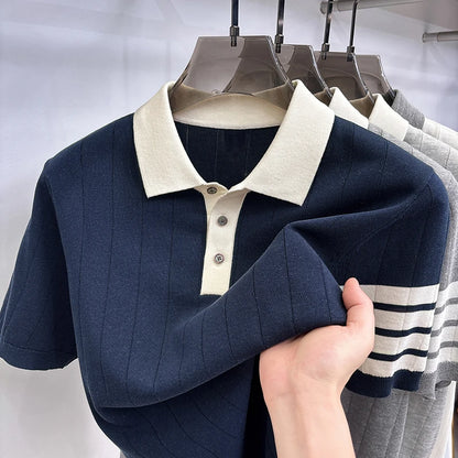 High End Light Luxury Color Blocked Knitted Summer Men's Short Sleeved Polo Shirt, Thin Grain Design, Casual T-shirt