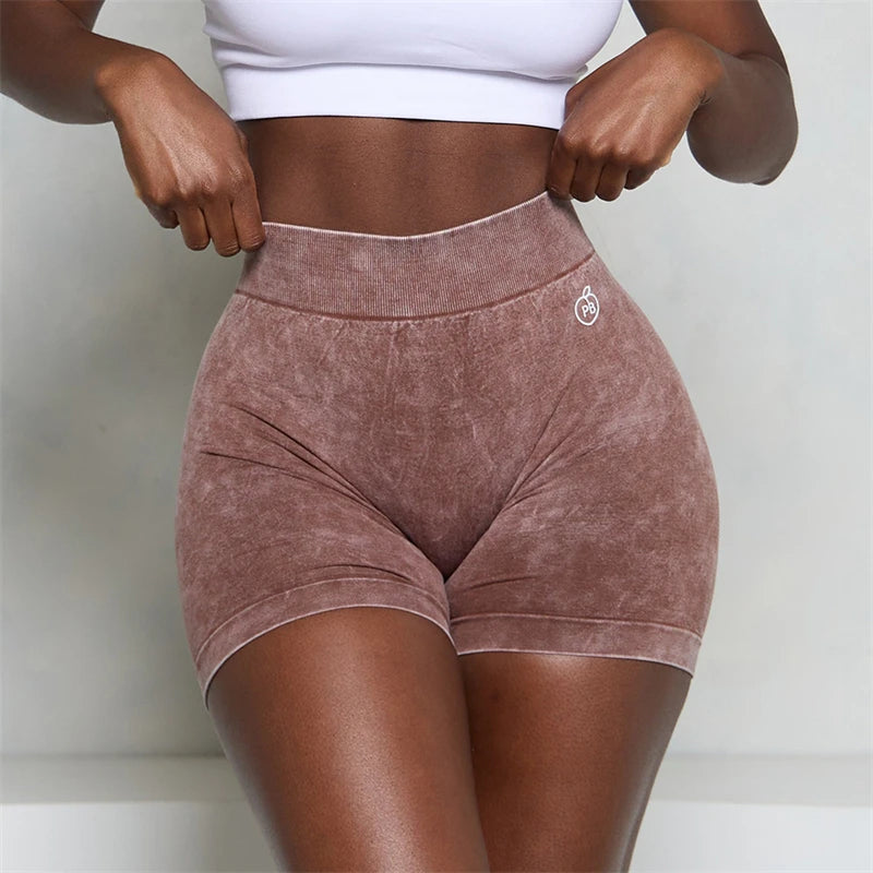 Women Bum Acid Wash Low V-BACK Scrunch Butt Shorts Women Seamless Sports Shorts Women V-shaped Hip Gym Cycling Elastic Tights