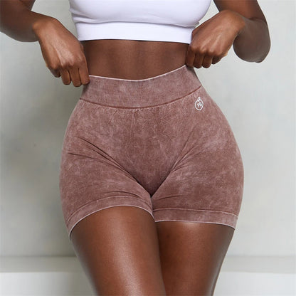 Women Bum Acid Wash Low V-BACK Scrunch Butt Shorts Women Seamless Sports Shorts Women V-shaped Hip Gym Cycling Elastic Tights