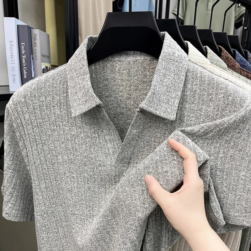 Men's Breathable Knitted Polo Tee Short Sleeve V Neck Striped Fabric Lightweight Casual Business Daily Wear