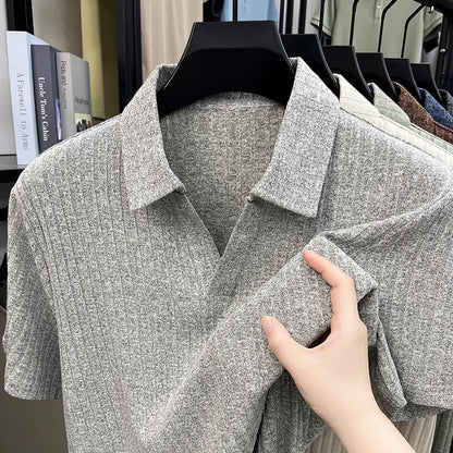 Men's Breathable Knitted Polo Tee Short Sleeve V Neck Striped Fabric Lightweight Casual Business Daily Wear
