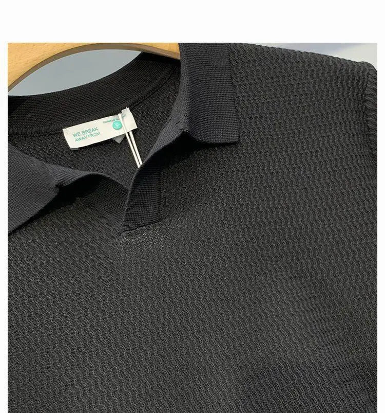 Ice Silk Slim Fit Short Sleeve V-Neck Polo Shirt Men's Knitted Summer New Style Breathable Machine Washable Casual T-Shirt