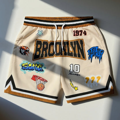 Brooklyn  Basketball  Shorts, Graffiti Patches Retro Beige Casual Streetwear Athletic Bottoms Men's casual quick-drying shorts