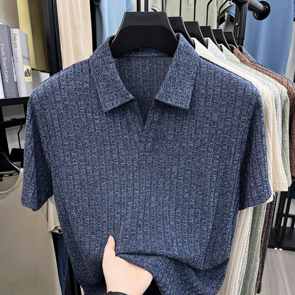 Men's Breathable Knitted Polo Tee Short Sleeve V Neck Striped Fabric Lightweight Casual Business Daily Wear