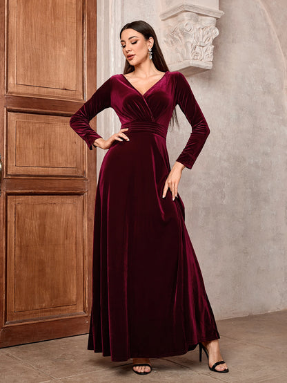 2024 Maxi Dress Lady Solid A-Line Cocktail Prom Long Luxury Elegant Wine Red Soft Velvet Evening Party Wedding Dresses for Women