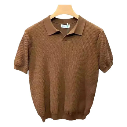 Ice Silk Slim Fit Short Sleeve V-Neck Polo Shirt Men's Knitted Summer New Style Breathable Machine Washable Casual T-Shirt
